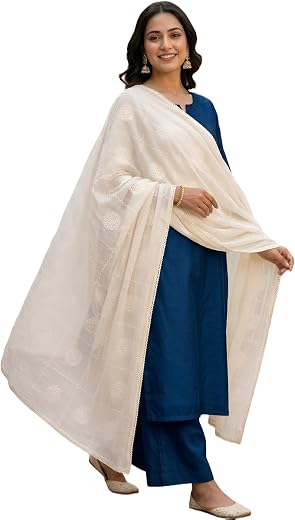 Drape Essence Off White/Beige Cotton Dupatta For Women with Allover Floral Embroidery and Lace Border | Women's off White ...