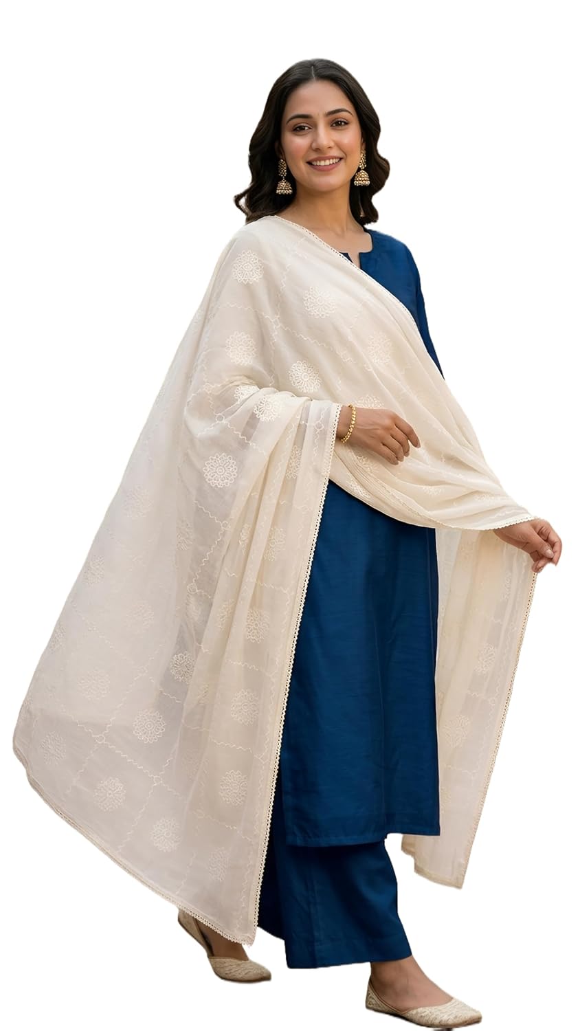 Drape Essence Off White/Beige Cotton Dupatta For Women with Allover Floral Embroidery and Lace Border | Women's off White ... - Review, Price and Buying Guide