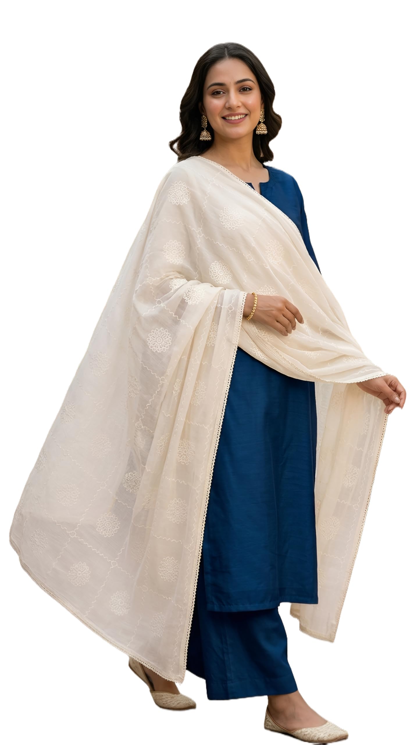 drape essence Off White/Beige Cotton Dupatta For Women with Allover Floral Embroidery and Lace Border | Women's off White Dupatta | Summer Wear-picture-30