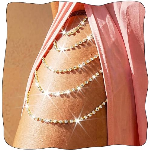 REETAN Thigh Jewelry Leg Rhinstone Garter Belt Body Chain for Women