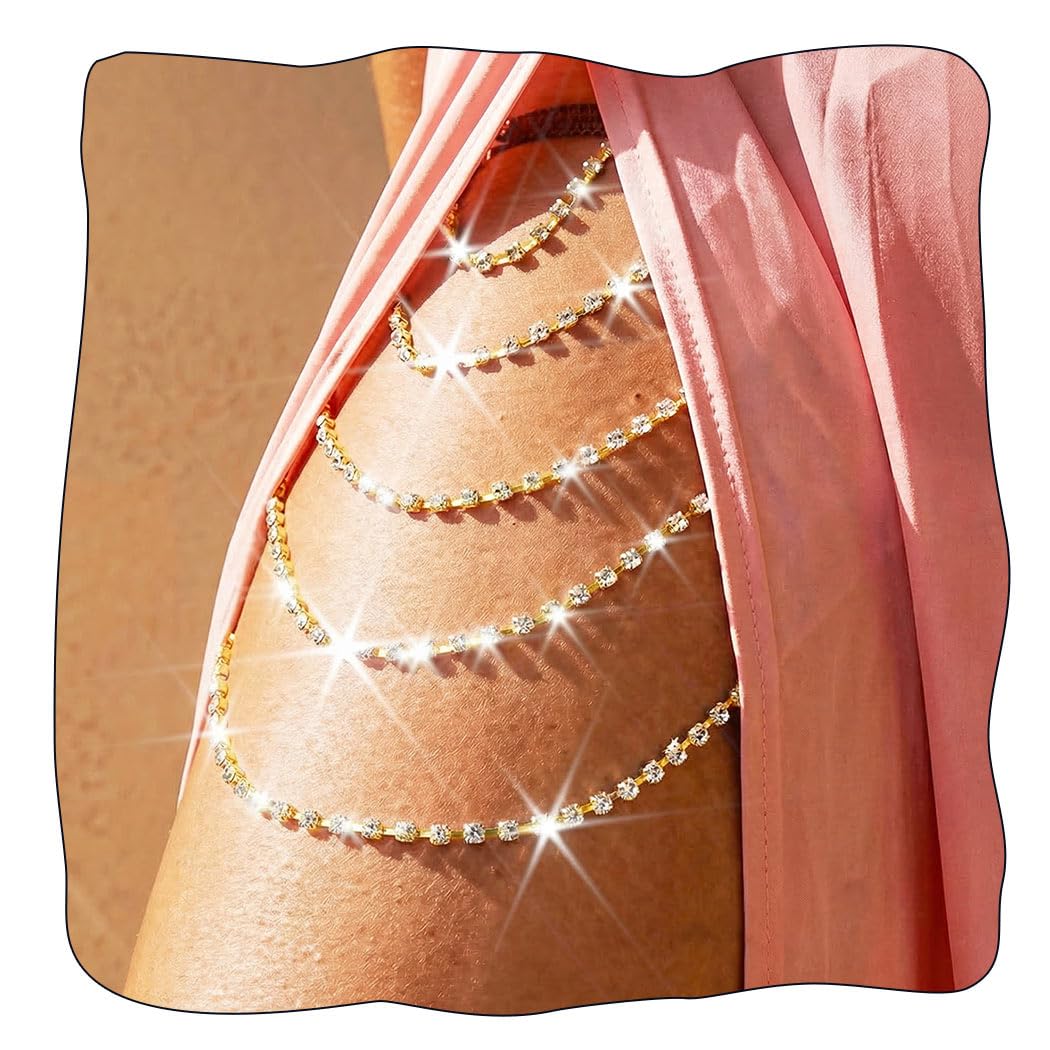 REETAN Thigh Jewelry Leg Rhinstone Garter Belt Body Chain for Women