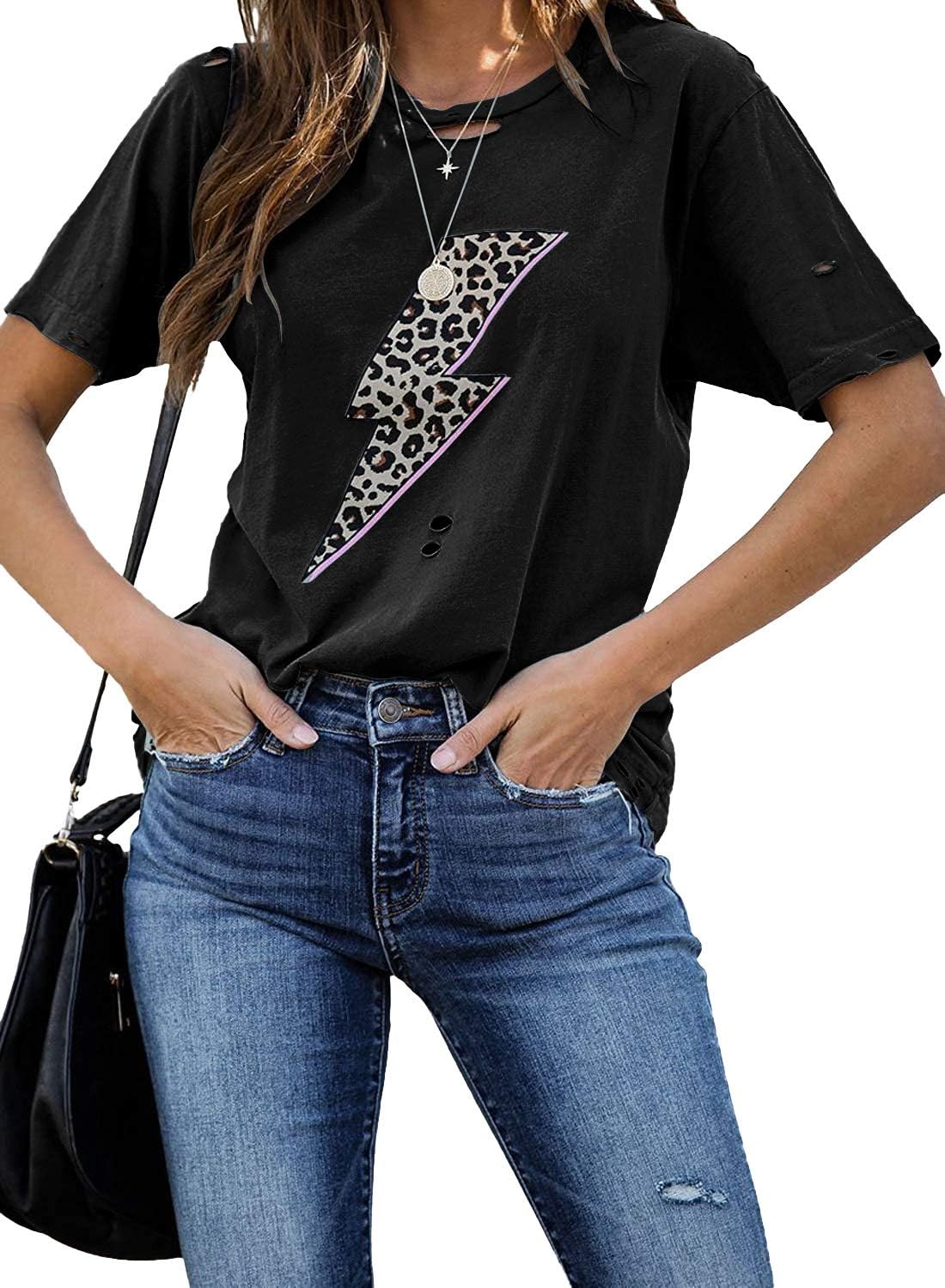 INFITTY Womens Basic Graphic Tees Casual Summer Short Sleeve Shirt Blouse Lightning Leopard Print Tops Tunic - Image 2