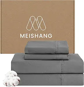 MEISHANG Cotton Sheets Queen Size - 600 Thread Count Sateen Sheet Set - Soft, Breathable, Cooling Egyptian Cotton with Deep Pocket - 4 Pieces(Silver Grey)
