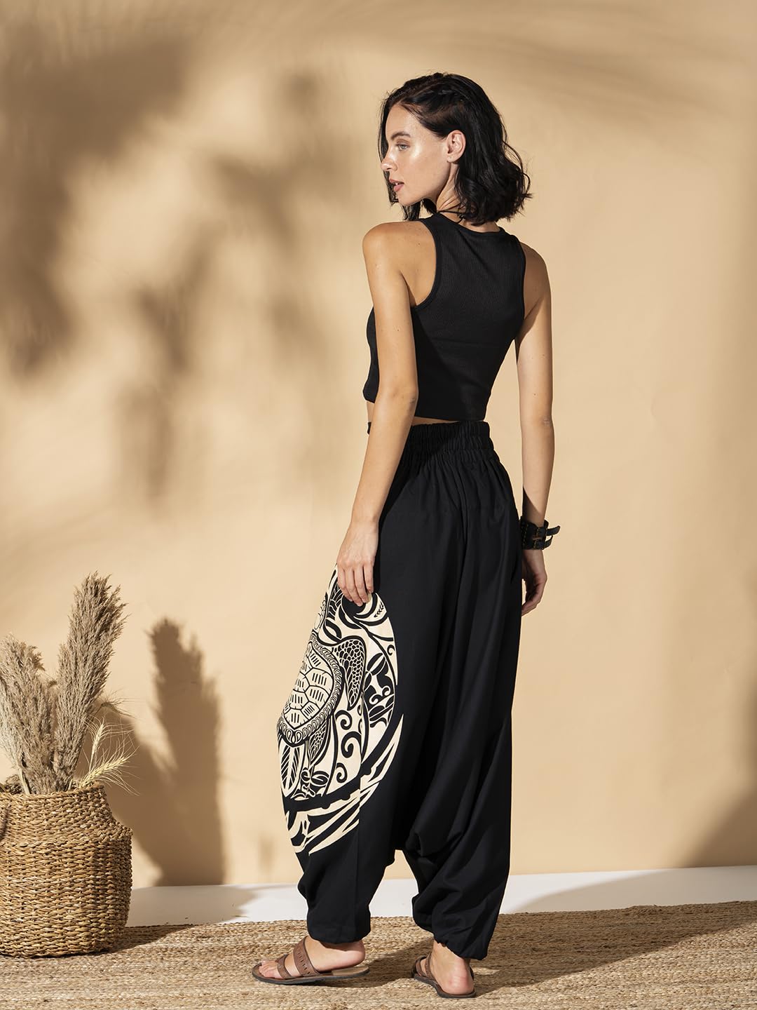 The Veshti Company Damskie letnie spodnie haremki z nadrukiem, bawełniane boho hipisowskie spodnie oversize Palazzo dla kobiet