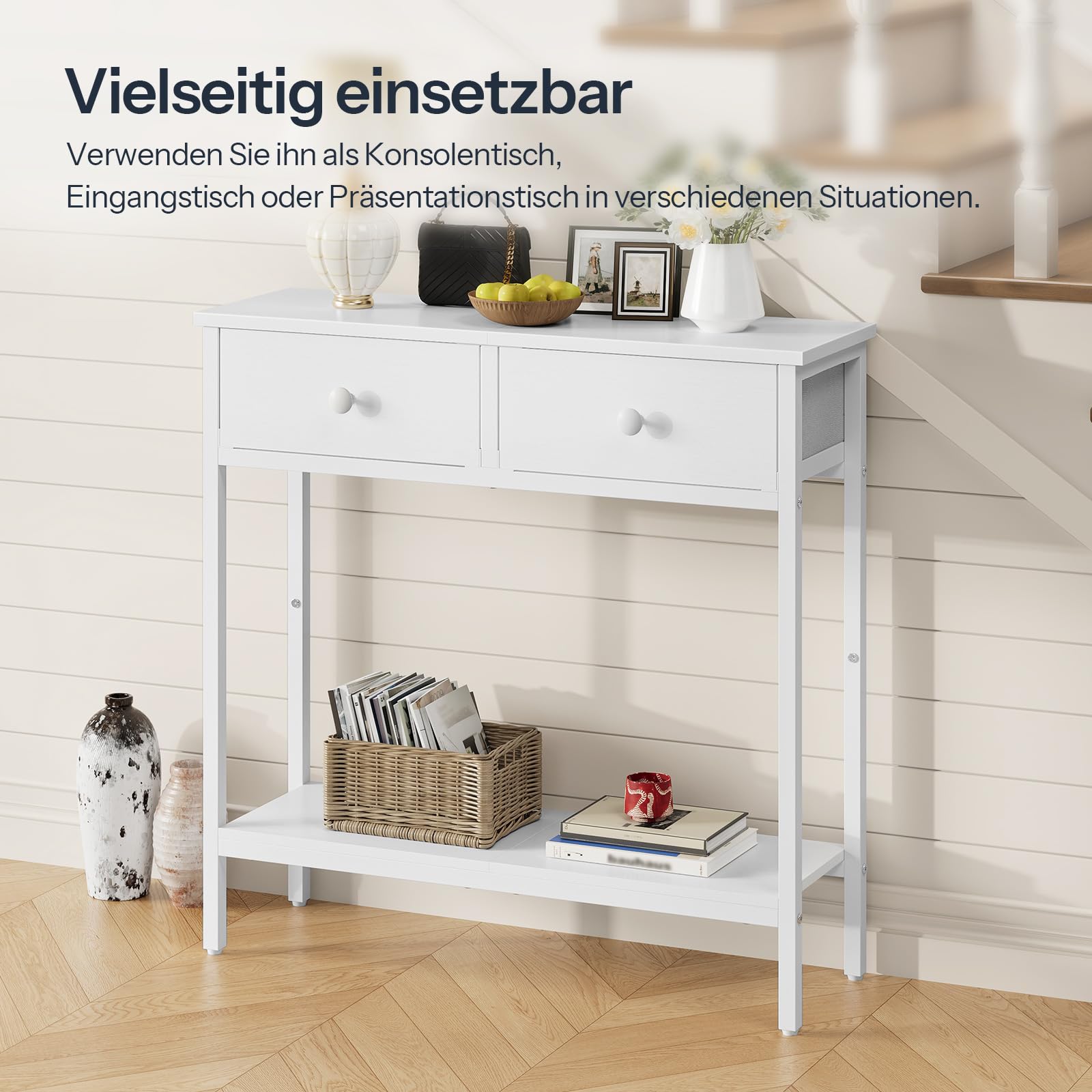 HOOBRO Konsolentisch, schmaler Beistelltisch mit 2 Stoffschubladen, 75 cm Flurtisch, Sofatisch im Industriestil, für Eingangsbereich, Wohnzimmer, Flur, Weiß EWW71XG01