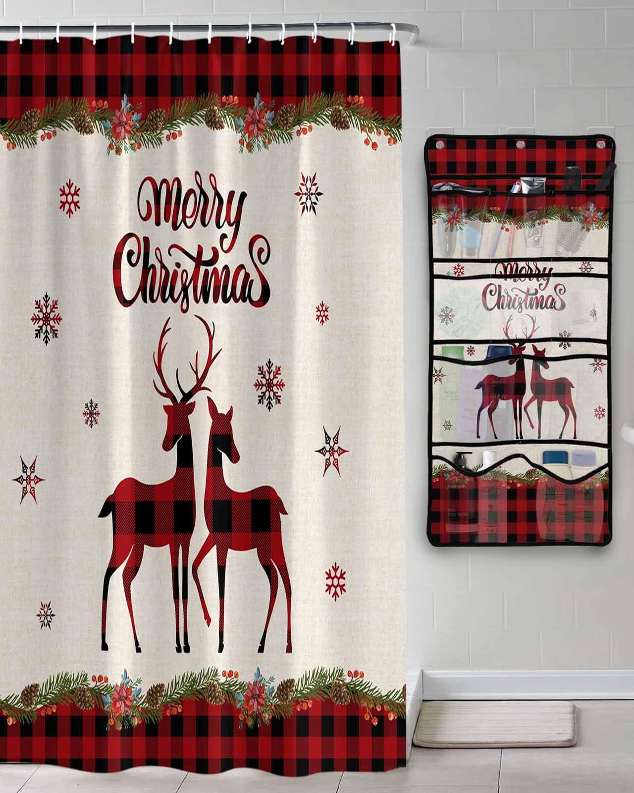 Shower Curtain Mesh Shower Organizer Hanging Set Christmas Red and Black Buffalo Plaid Elk Waterproof Shower Curtains with