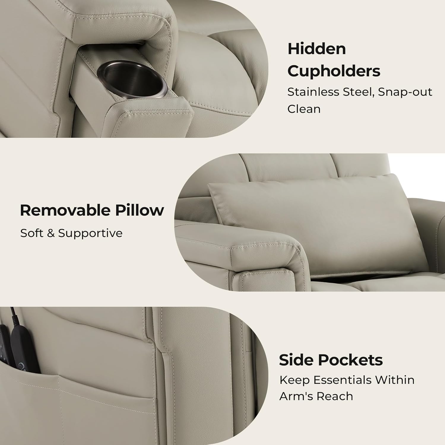 CHITA Power Lift Recliner Chair for Elderly with Power Headrest, Genuine Leather Electric Lift Chairs with Heat and Massage, Cup Holder, Removable Lumbar Pillow, Side Pockets, Real Leather in Gray