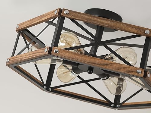 Miniatura 5 de Lámpara de techo empotrada de madera rústica grande de 20 pulgadas, de madera de roble y jaula de metal, lámpara de techo semiempotrada para