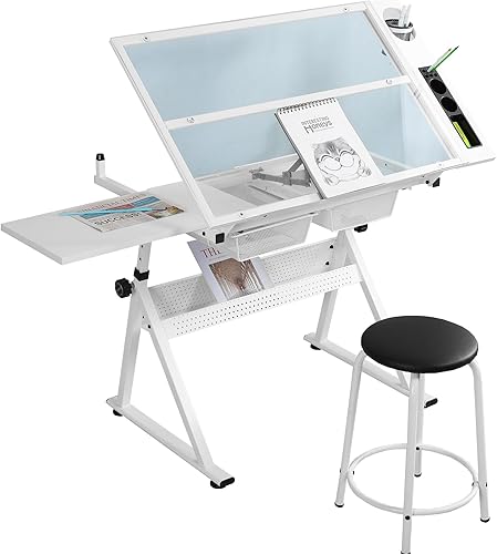 LifeSky - Mesa de dibujo de cristal ajustable, altura ajustable, mesa de dibujo para artistas de vidrio templado, con almacenamiento, estación de
