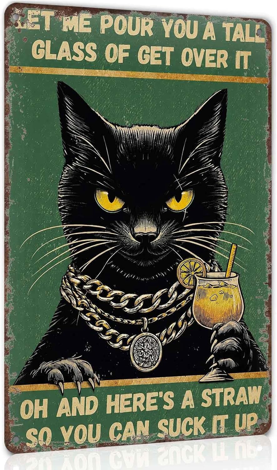 Get Over It Sarcastic Black Cat Metal Sign 8 x 12 Inch
