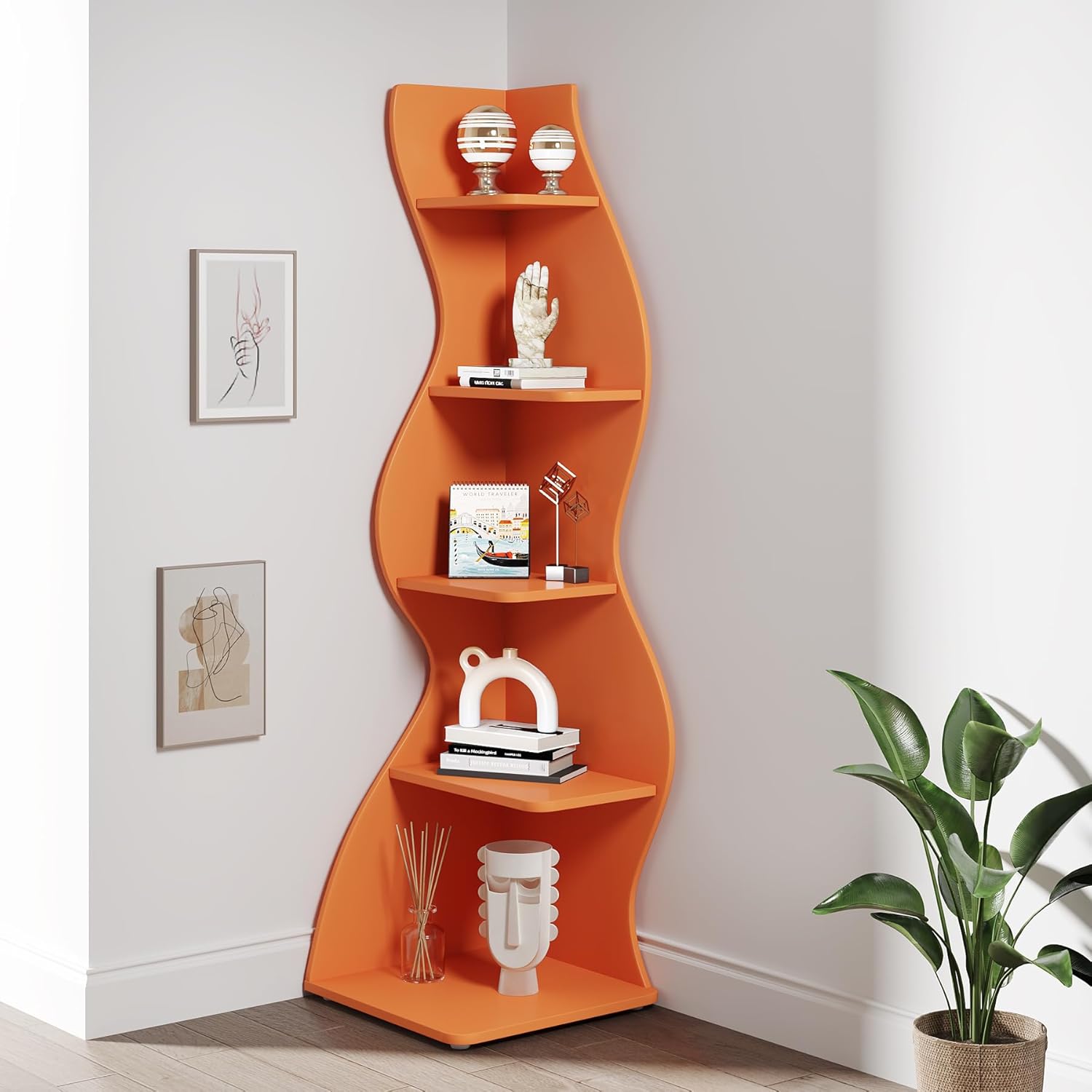 Tribesigns Corner Shelf, Modern 5-Tier Wall Corner Bookshelf, Stylish Corner Small Bookcase Storage Rack Plant Stand with Unique Shape for Living Room, Home Office (Orange, 1PC) Orange 1PC