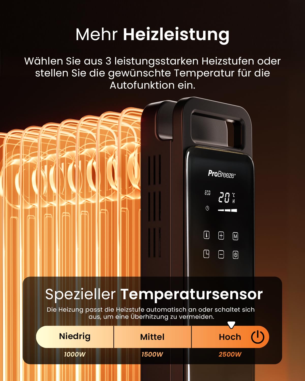 Pro Breeze 2500W Ölradiator mit 11 Lamellen, Smart Heizung elektrisch - Ölradiator energiesparend, 3 Heizstufen, Einstellbares Thermostat, WLAN, 24h Timer, Touch Display & Sicherheitsabschaltfunktion