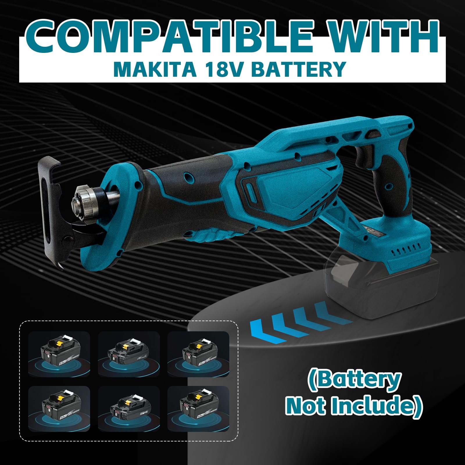 Sierra Sable Inalámbrica Compatible con Makita 18V | para Cortar Madera y Metal con 4 Hojas de Sierra Alternativa, Gafas de Seguridad y Guantes (Sin Batería/Sin Cargador)