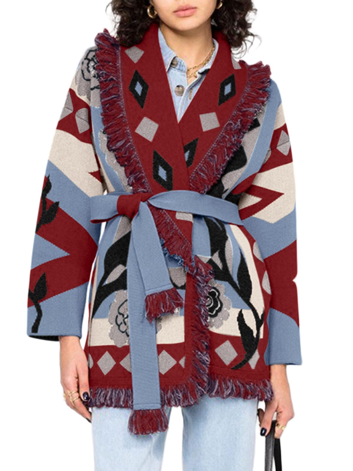 CHARTOU Women Boho Floral Belted Warp Cardigan Fall Winter Open Front Jacket Coat with Fringe Trim