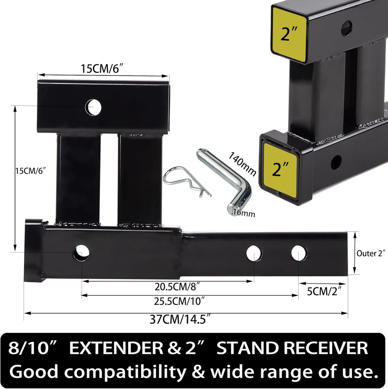 Taelakeni 4000lbs Dual Hitch Extension Receiver Double Trailer Hitch Extender Riser Adapter, 8-10 INCH Extension Length, Fits for 2" Trailer Receivers, Come with 5/8" Hitch pin, 6 Inch Rise or Drop