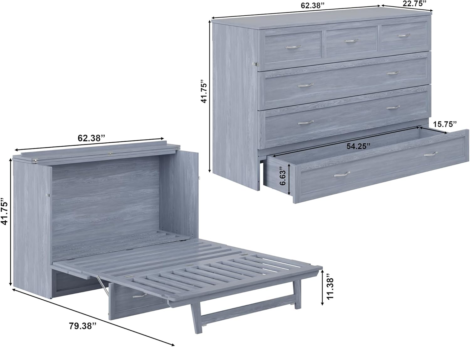 Diagram showing the dimensions of the Murphy bed chest in both closed and open configurations.