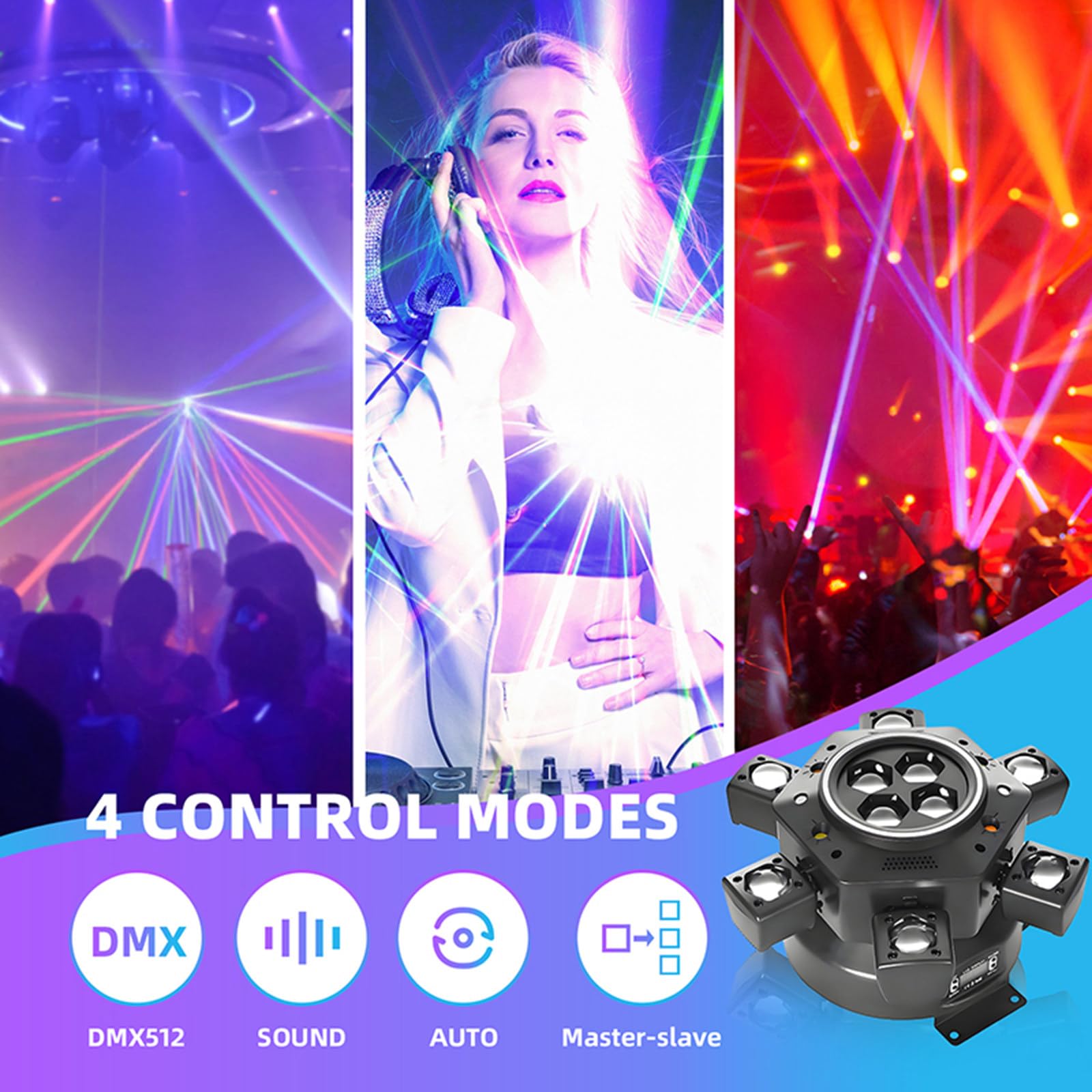 Faro a Testa Mobile a 6 Bracci, Cambio Colore Dinamico, Fascio LED Rgbw, Effetto Strobo Laser, Luce Da Palcoscenico Dmx, Effetto Rotante per Dj, Discoteche, Feste, Bar, Matrimoni, Festival Ed Eventi