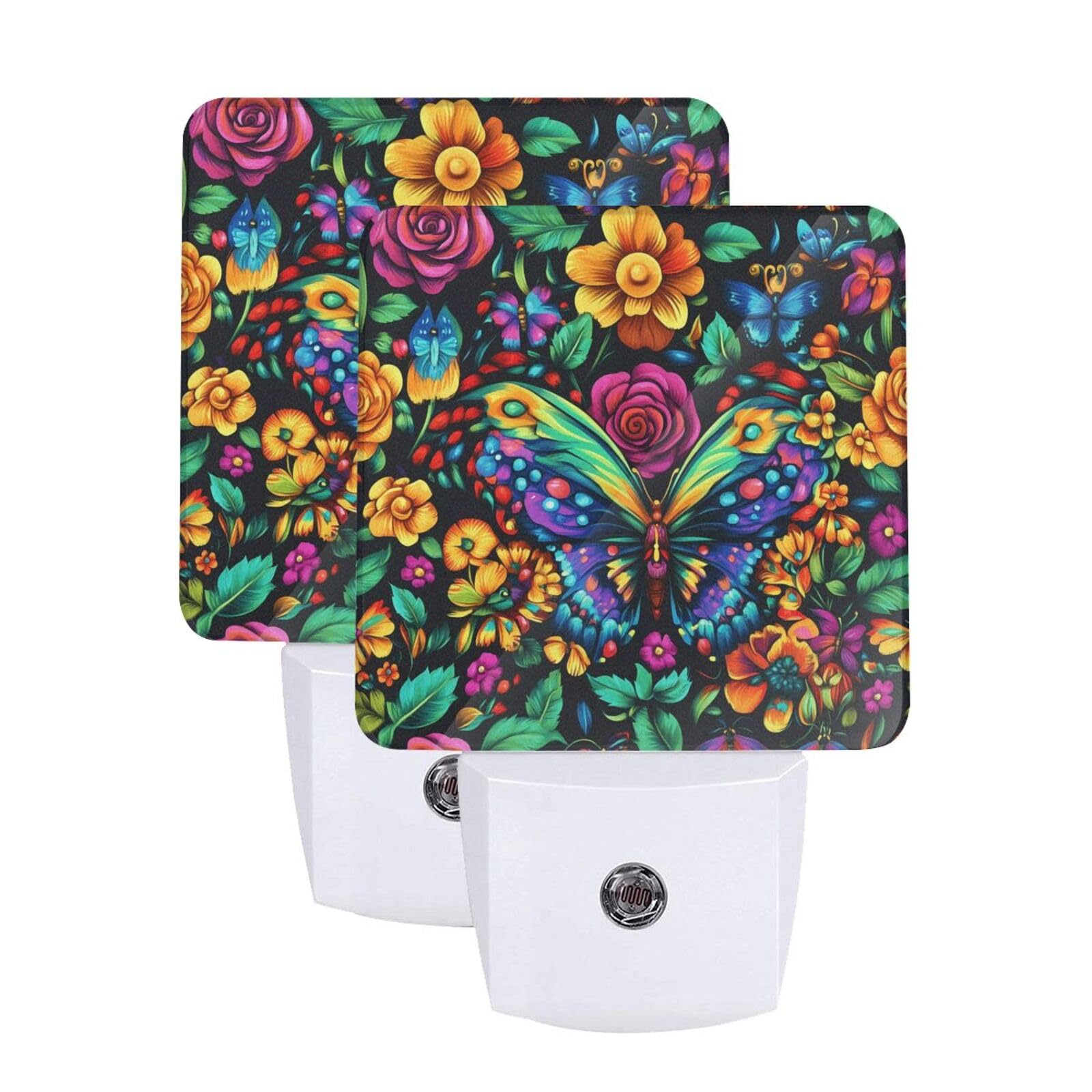 Colorful Butterfly Floral Night Light Set of 2, Auto Sensor LED Dusk-to-Dawn Nightlights, Plug-in Sensor Lamp for Bedroom Bathroom Kitchen Hallway Stairs Decorative