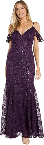 R&M Richards Women's Off the Shoulder Glitter Lace Gown W/V-Neckline - Mermaid S