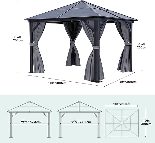 Miniatura 5 de YITAHOME Cenador de policarbonato para exteriores de 10 x 10 pies, con malla y cortinas sombreadas, marco de aluminio, tienda de campaña de jardín