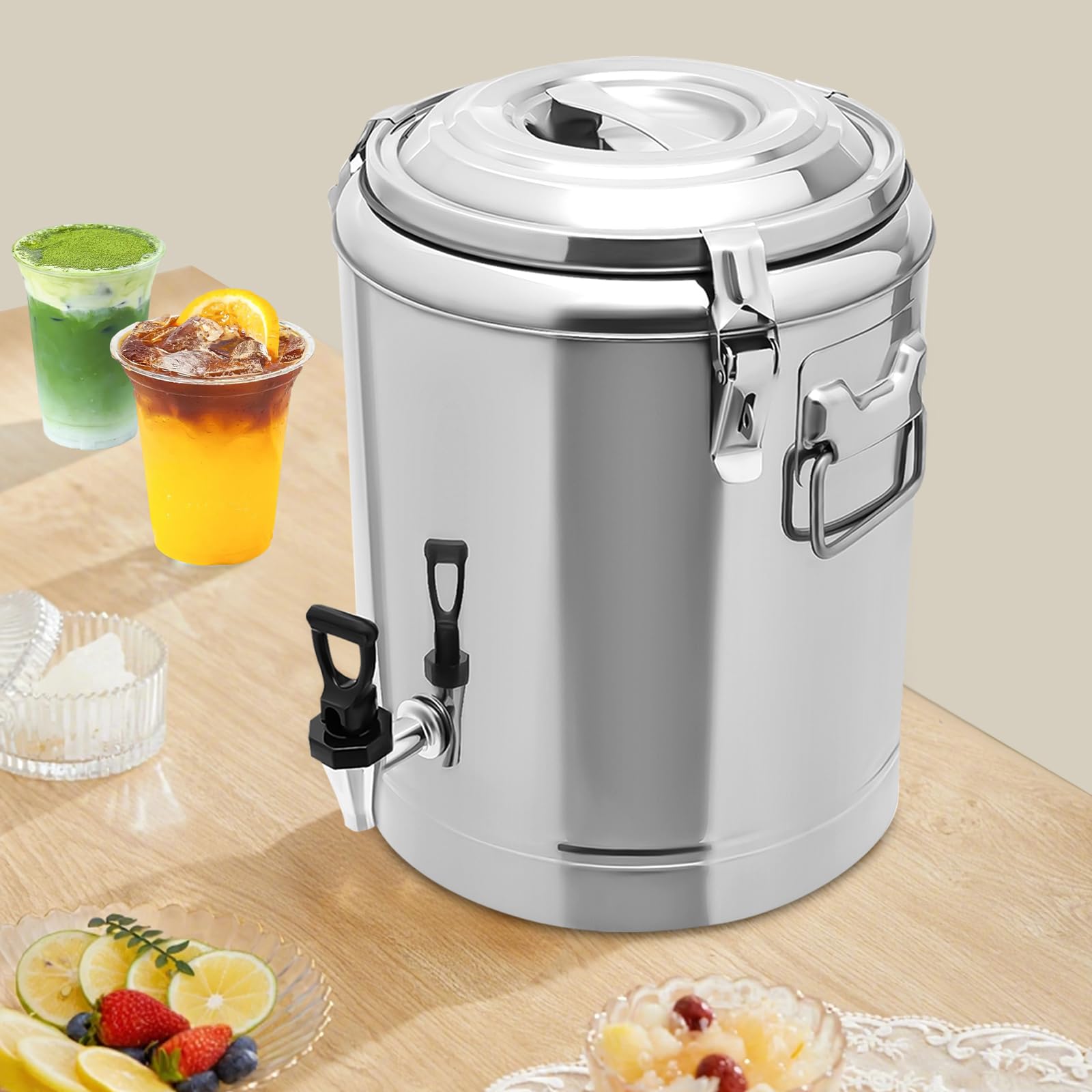 Contenitore termico in acciaio inox, 14 l, per il trasporto, professionale, per gastronomia, con manici per il trasporto, per cibi e bevande, tè freddo, latte, caffè