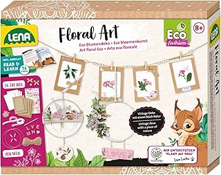 Lena 42835 Eco Craft Set Floral Art Vintage Set with 2 Dream Catchers Diameter 18 cm, 4 Folding Cards 10.5 x 15 cm for Dried Flowers, Decoration and Companion Book Plant My Tree, for Children from 8 Years