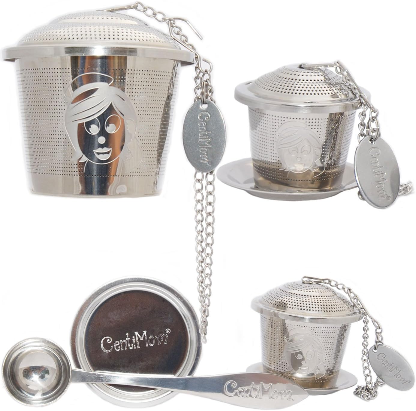 Tea Infuser Spoon Drip Tray Gift Set for Loose Tea 3 Size Premium Strainers 3 Drip Trays 1 Spoon. Extended Weighted Chain, Durable Reusable Safe Stainless Steel Filters For Cups, Mug, Pitcher, Cooking