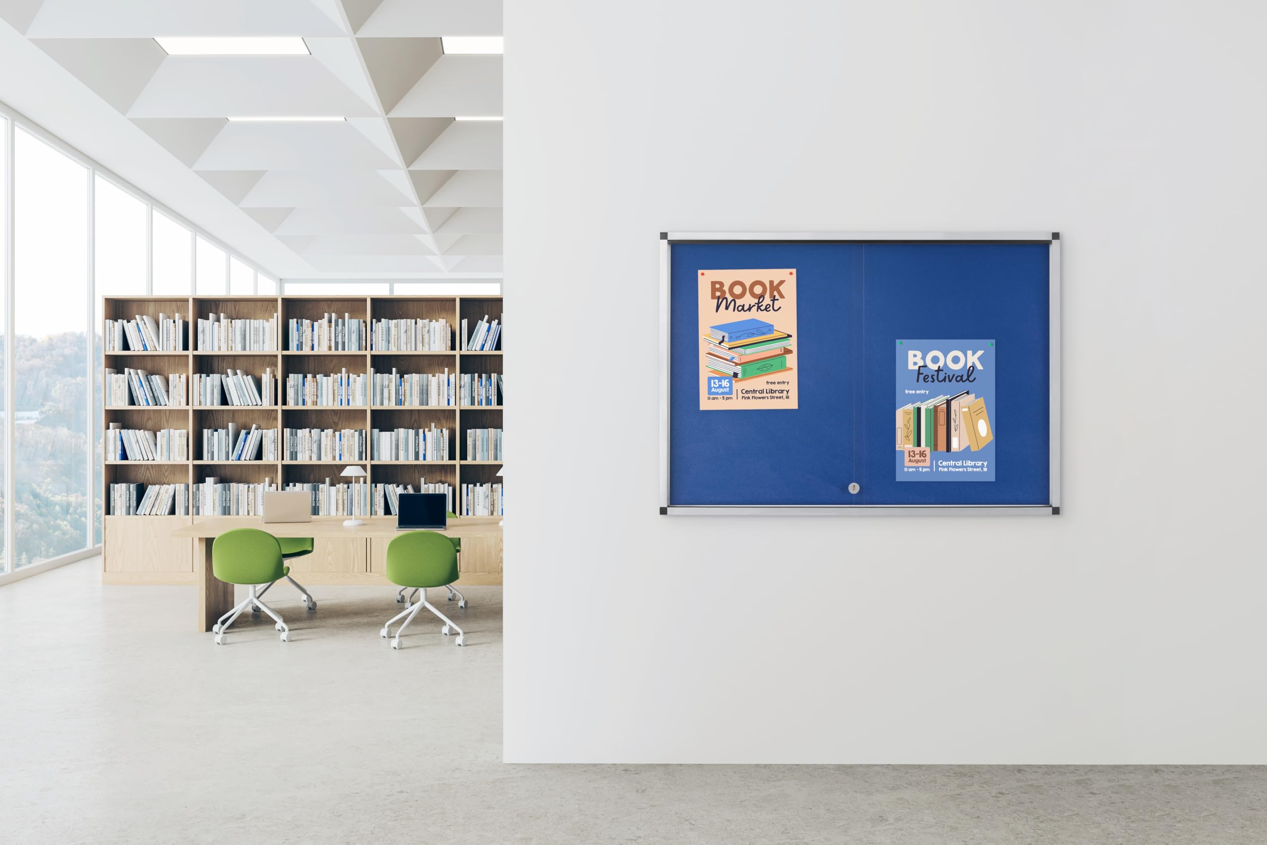 Bi-Office Exhibit Extra Vetrina Espositiva, 12xA4, Superficie in Feltro Blu, Porta in Vetro, Cornice in Alluminio