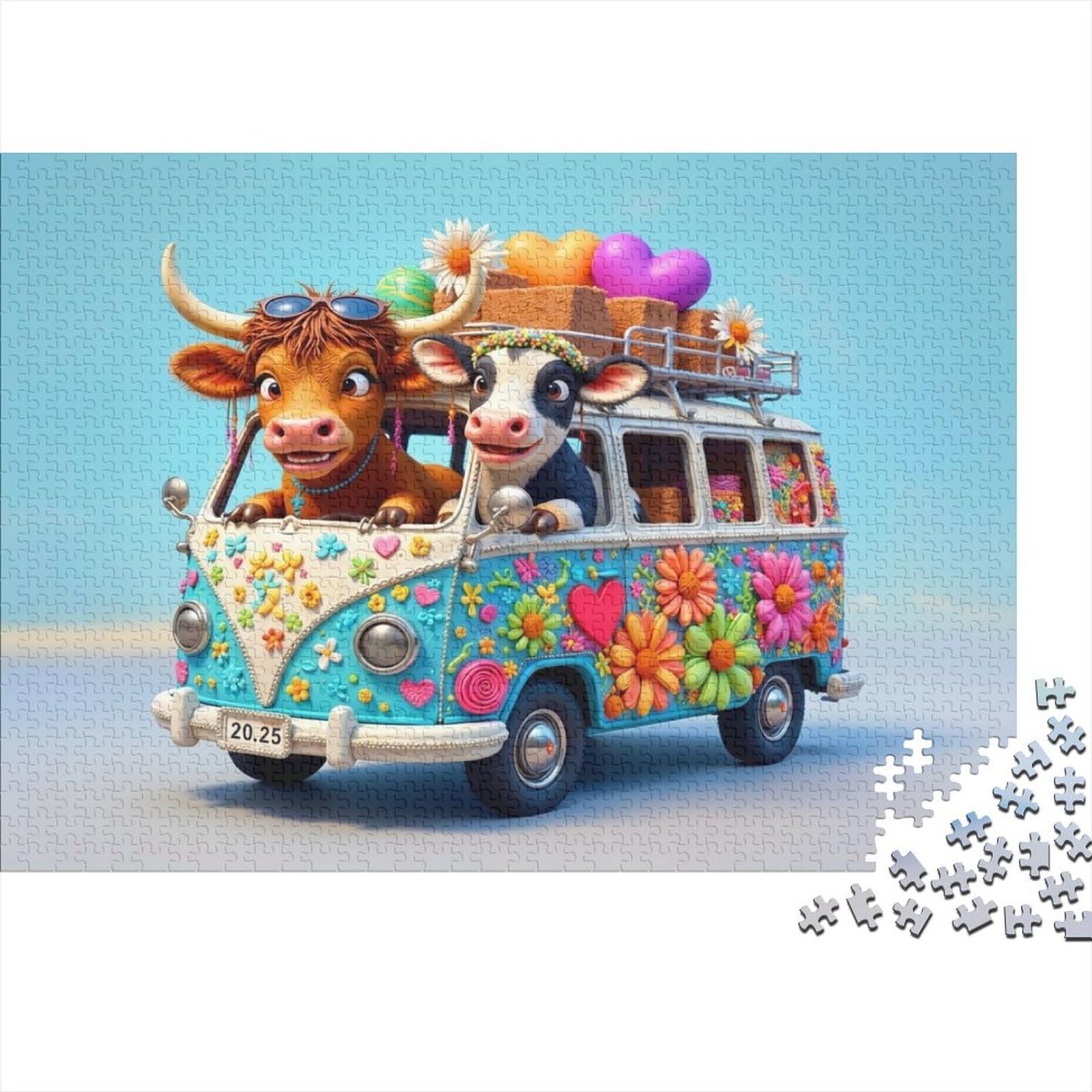 Cartoon Cow Floral Retro Bus 1000 Piece Jigsaw Puzzle Paper for Adults Colorful Travel Scene Puzzle Game for Family Focus Relaxation Gift 38x26cm/1000pcs โ image 1