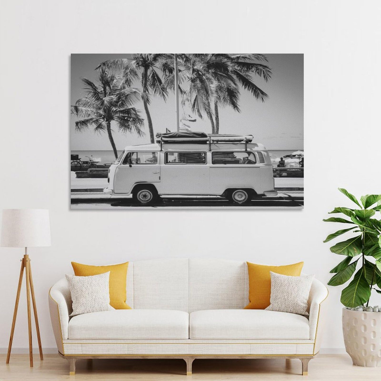 Poster Déco Camper Van Plage Surf - Style Rétro Noir Et Blanc - Format 50x70 Cm Sans Cadre