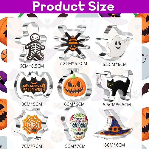 Miniatura 3 de Crethinkaty Cortadores de galletas de Halloween, juego de 9 cortadores de galletas de Halloween, calabaza, fantasma, murciélago, calavera, araña,