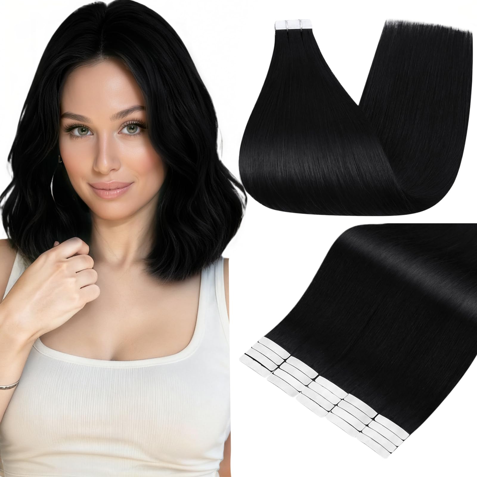 Full Shine Tape in Hair Extensions Human Hair 10 Inch Color 1 Jet Black Remy Invisible Double Sided Tape in Extensions 30g Natural Straight Seamless
