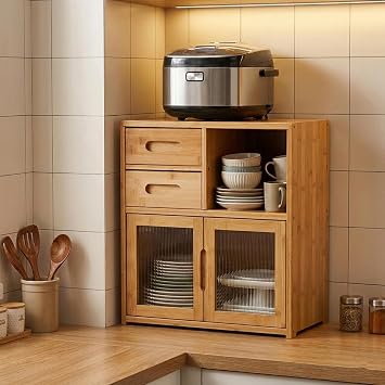 2-Tier Bamboo Countertop Cabinet with 2 Drawers & Clear Acrylic Doors, Small Freestanding Kitchen Pantry Organizer, Tabletop Storage for Spices, Coffee Bar, Dining Room
