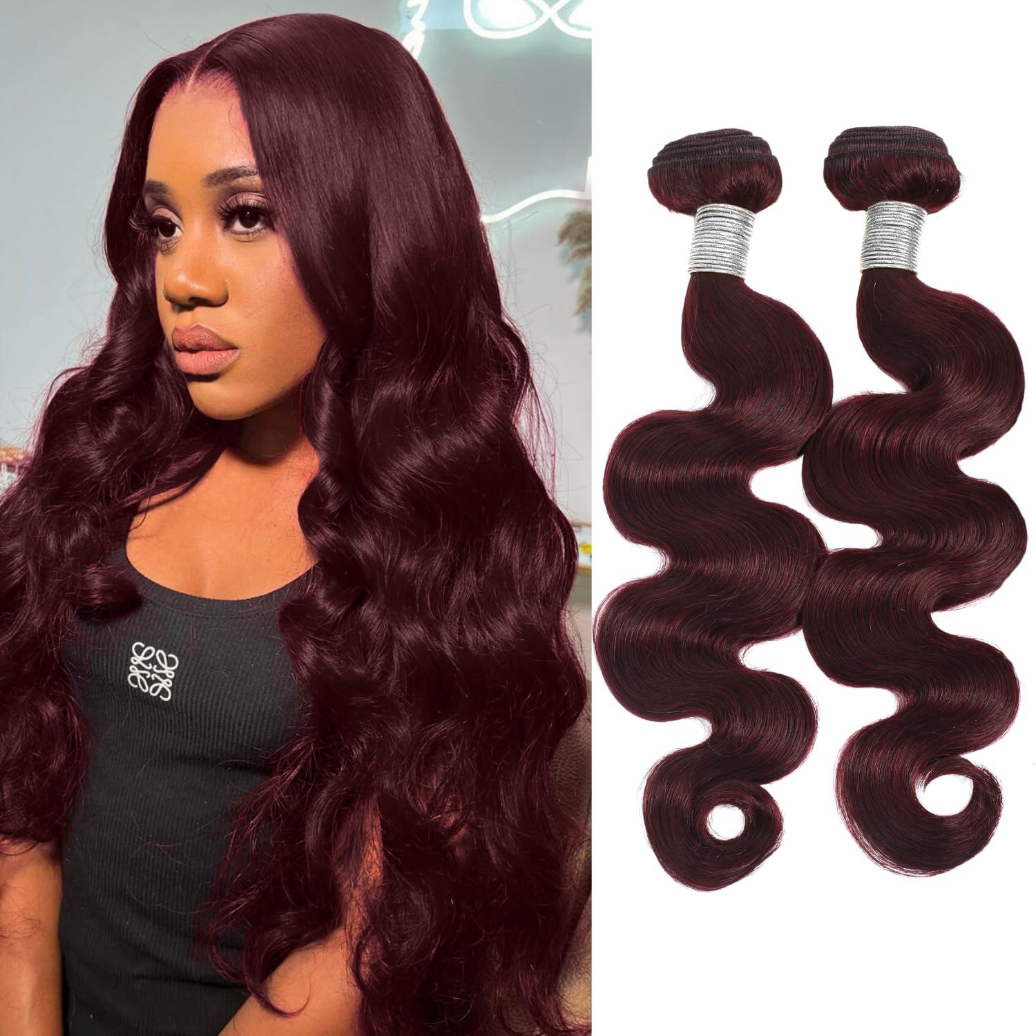 ALHER 99j Dark Burgundy Bundles Human Hair Body Wave, 12A 100% Unprocessed Virgin Remy Human Hair for Black Women Soft Thick Sew In Weave Wavy Wine Red Colored 2 Bundles 24 24 Inch
