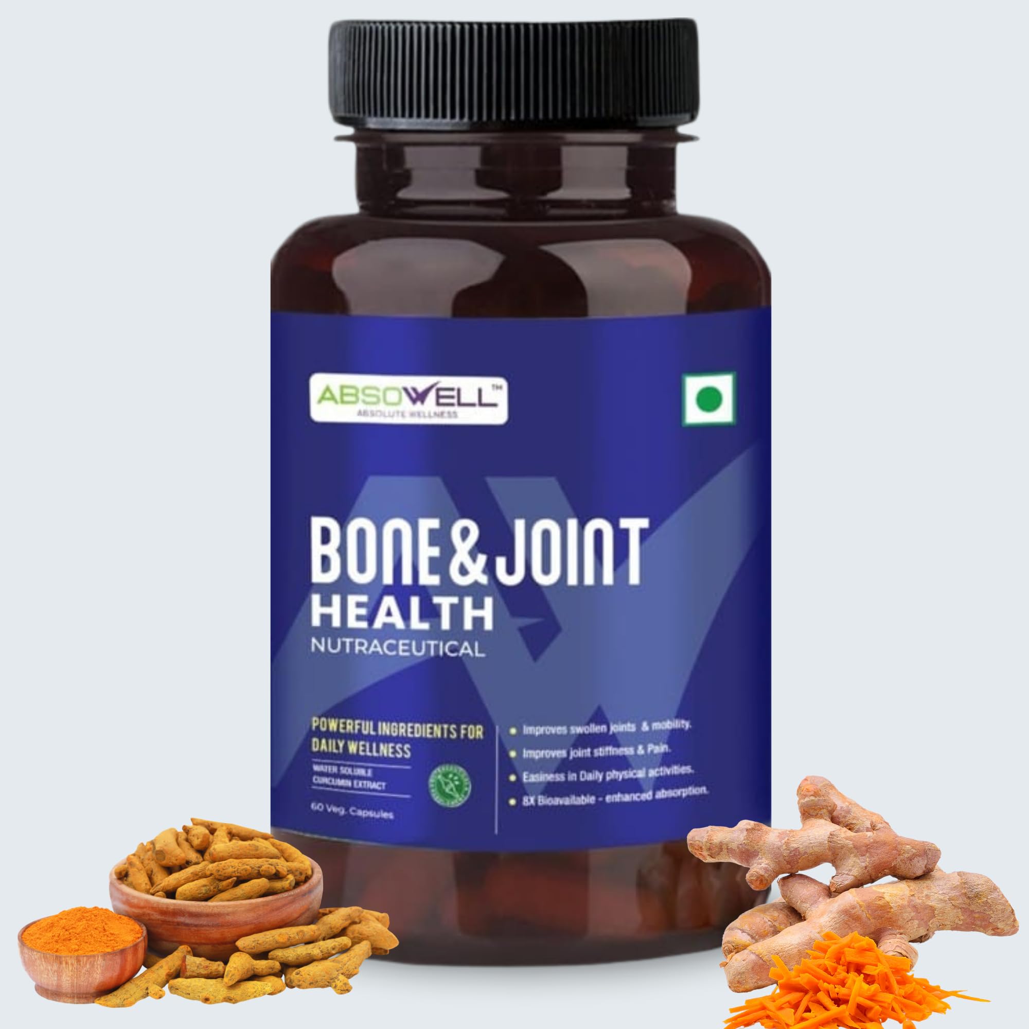 Absowell Plant-Based Bone & Joint Supplement with Curcumin | Promotes Flexibility, Reduces Inflammation & Supports Bone Strength | 60 Veg Capsules