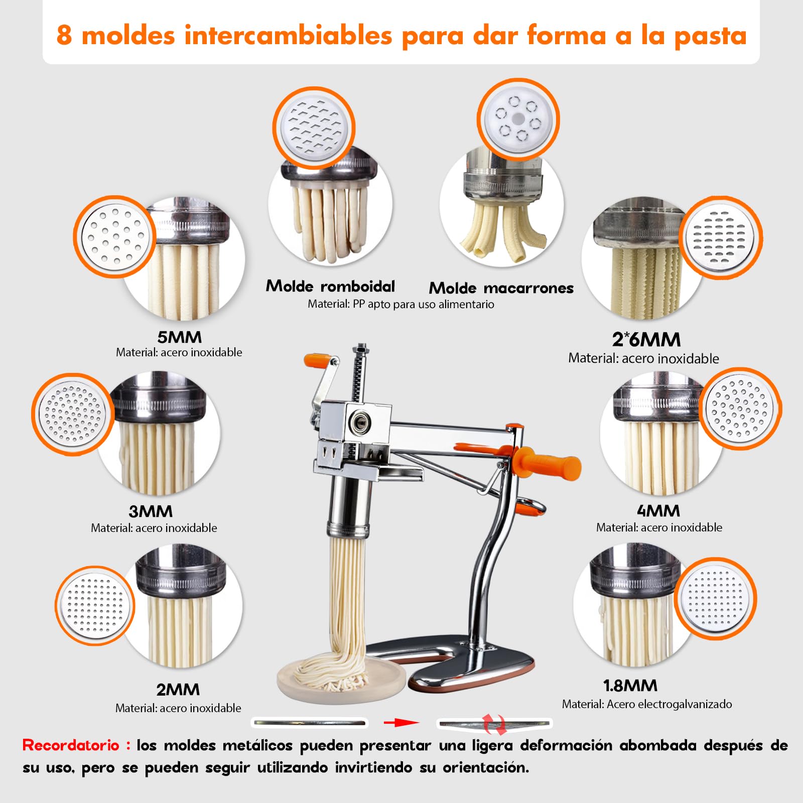 Máquina para Hacer Pasta SXSJMY con 8 Moldes | Prepara Maccheroni, Fettuccine y Tagliolini en 30 Segundos | Prensa de Acero Incl. Cepillo de Limpieza