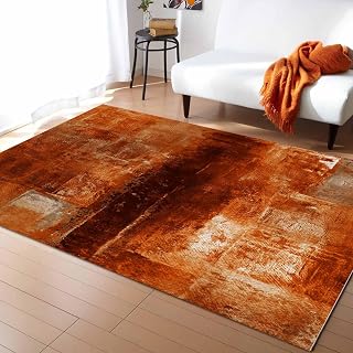 Rectangular Area Rug for Living Room, Bedroom, Burnt Orange Non-Slip Residential Carpet, Kitchen Rugs, Modern Abstract Geometric Art Oil Painted Floor Mat with Rubber Backing 5' x 8'