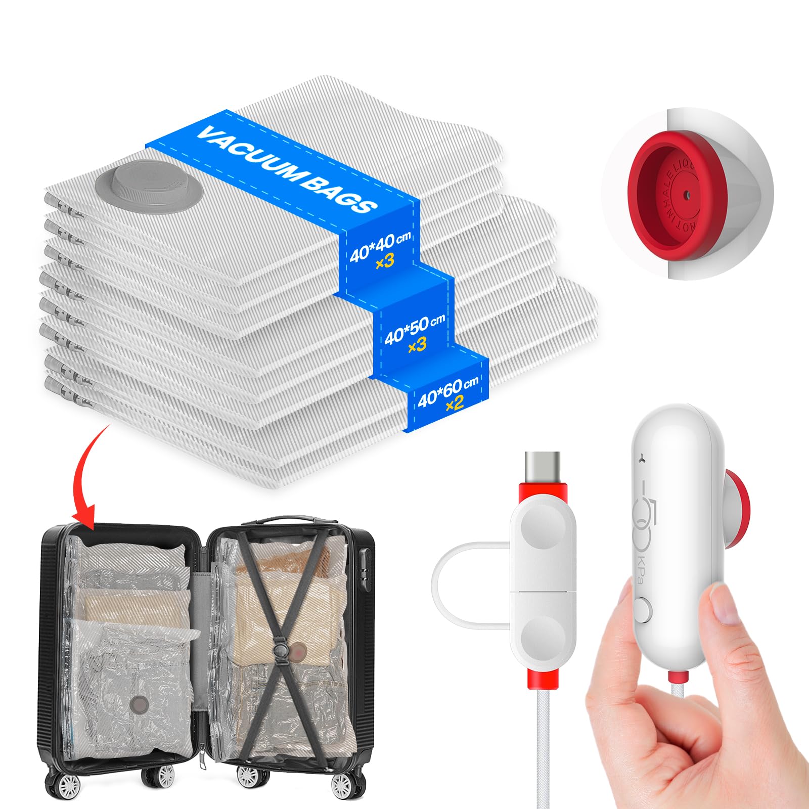 Vacbird 圧縮袋 旅行用 衣類圧縮袋 8枚入 USB 電動ポンプ付き 40*40 *3枚 /40*50 *3枚 /40*60 *2枚 衣類収納 真空収納袋 USBポンプ 吸引機 収納袋 小物収納 防臭 防塵 防湿 防カビ 高密封性 圧縮パック 収納圧 縮 袋 家庭用 引越し 出張 旅行