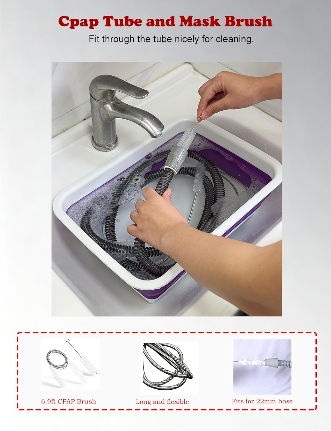 CPAP Cleaning Kit for Hose and Mask, Cpap Machine Supplies Cleaner Includes Tube and Mask Cleaning Brush, Foldable Wash Tub, Hose Drying Hanger - Compatible with 22mm and 15mm Tubing