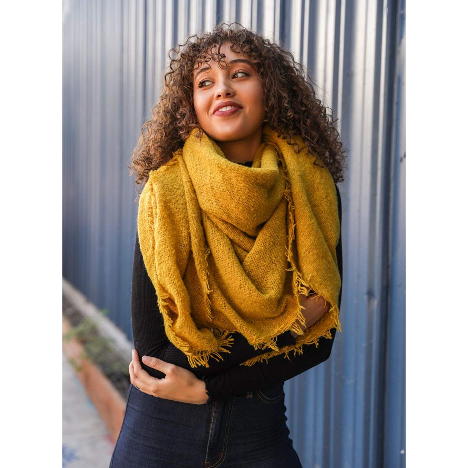 Plaid Blanket Scarf Solid Color Wrap Shawl Mohair Square Blanket Scarf for women (Mustard)