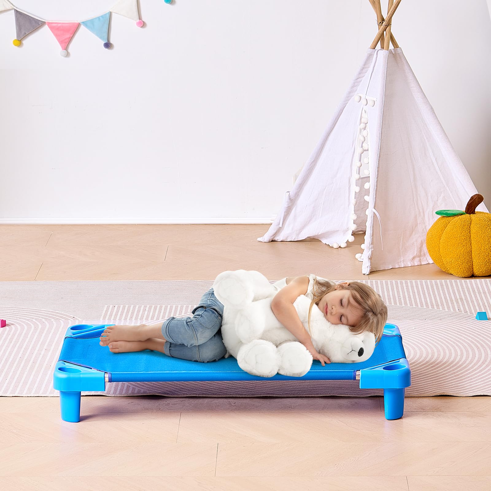 VEVOR Lettino Impilabile per Bambini 102 x 57 cm Lettini Portatili per Pisolino dei Più Piccoli, 6 Pezzi, Dimensioni Standard, Lettini per Asili Nido per Bambini, Letti per Asili Nido per Dormire, Blu