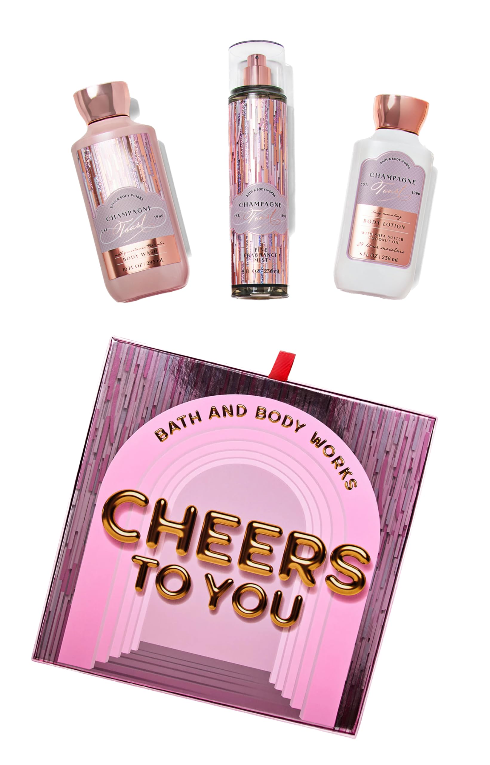 Bath and Body Champagne Toast Gift Set for Her in Luxury Gift Box -- Full Size Boxed Gift Set of Fine Fragrance Mist (8 oz), Shower Gel Body Wash (10 oz), and Moisturizing Body Lotion (8 oz)