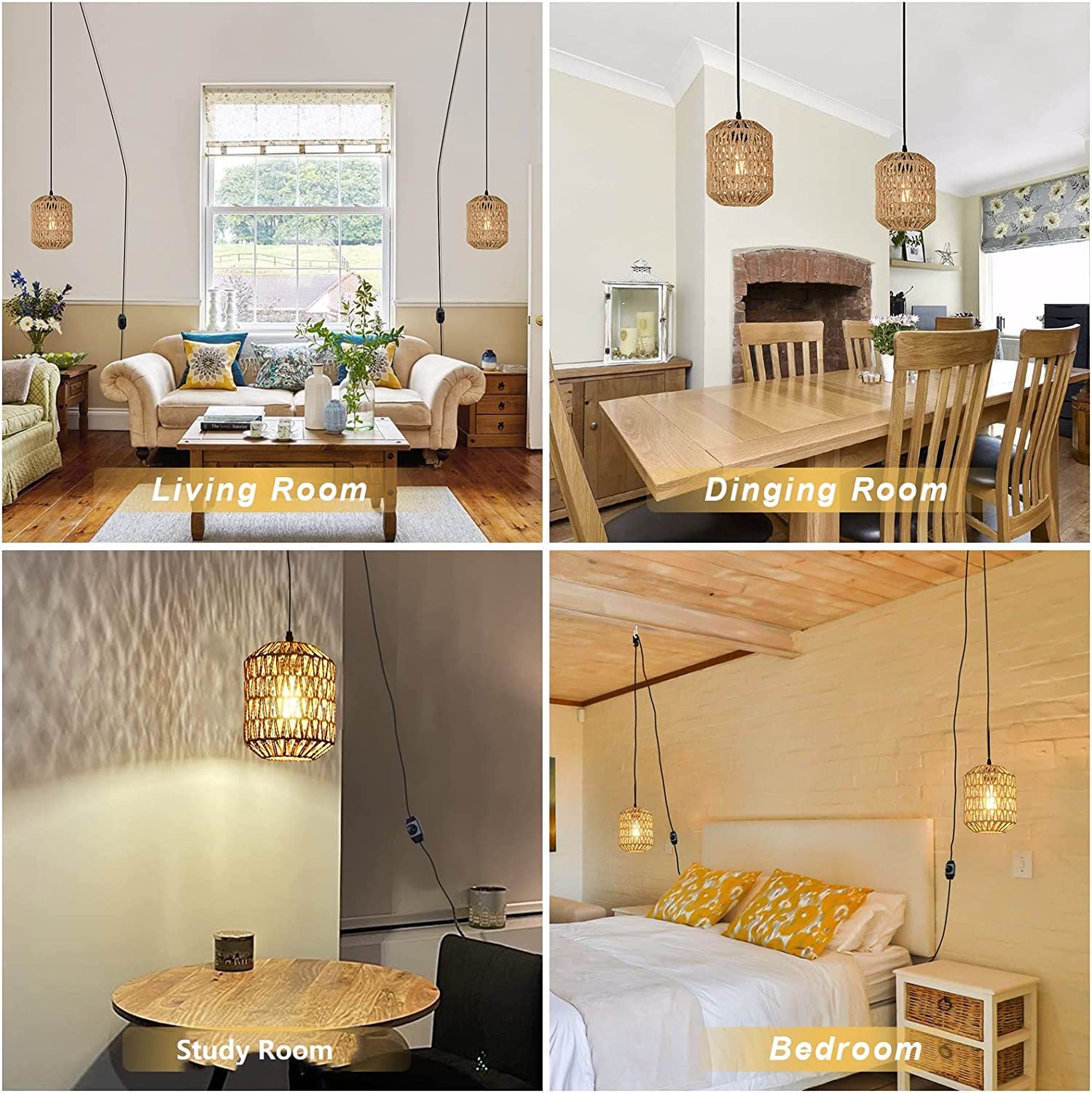 E27 Vintage Lampa Wisząca z Wtyczką i Kablem 4.5M, Ø18cm | Retro Lampa Wisząca z Przełącznikiem Ściemnialnym, Osłona Lampowa z Liny Konopnej DIY, Wewnętrzna/Zewnętrzna Lamp