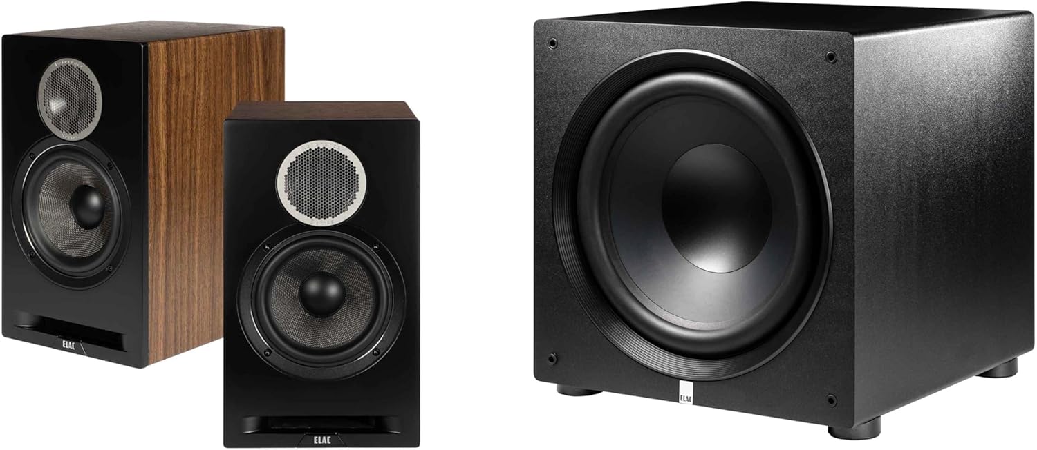 ELAC DBR62-BK - Debut Reference 6.5" Bookshelf Speakers - Black, Pair PS500-BK - Varro Premium 15" 500 Watt Powered Subwoofer with Auto-EQ