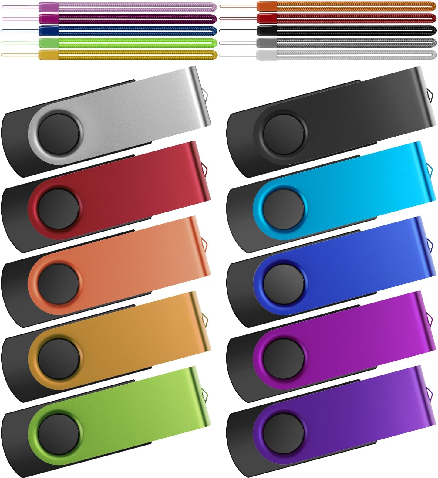 Kepmem 8GB Flash Drive 10 Pack Thumb Drives Bulk, Multipack Zip Drive 8 GB USB Memory Sticks Metal Swivel Pen Drive, Portable Jump Drive Value Multicoloured Pendrives with 10pcs Ropes