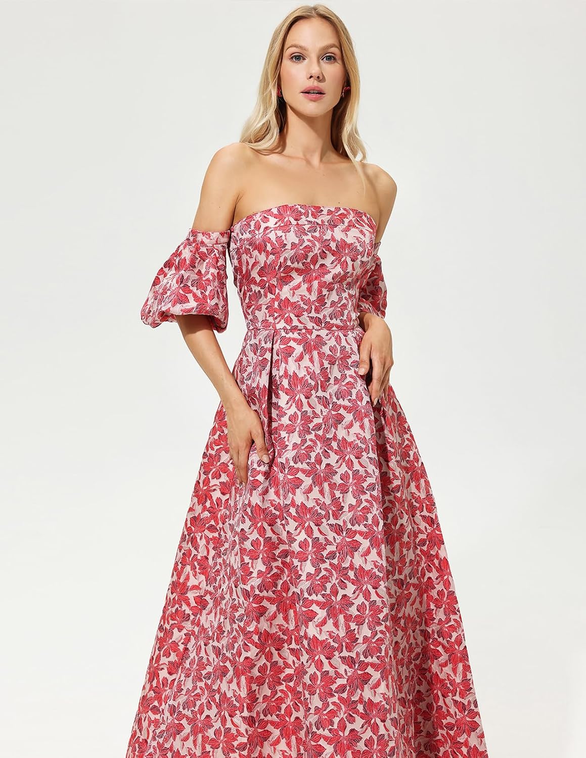 Pink Floral Dress Maxi Flowy Off The Shoulder Dress Puff Sleeve Backless Dress