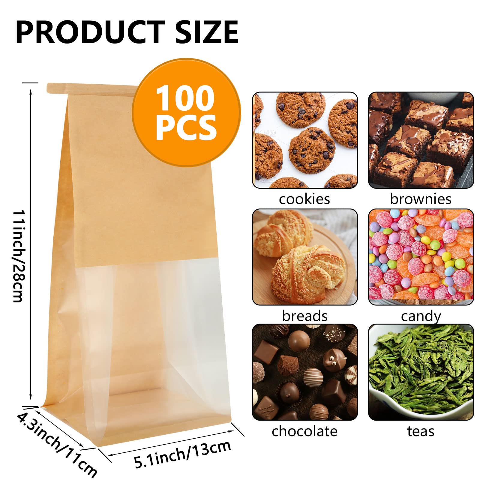 QTLCOHD 100 bolsas de panadería con ventana, 5.1 x 4.3 x 11 pulgadas, bolsas de pan de papel marrón, bolsas de papel de hojaldre con cierre de pestaña para embalaje de galletas, pan, palomitas de
