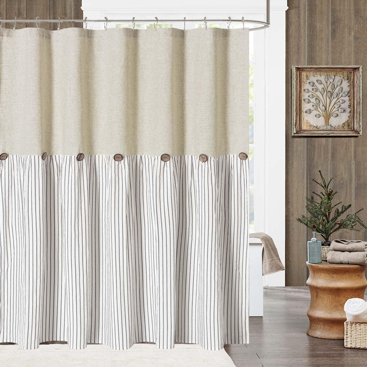 DOSLY IDÉES Farmhouse Shower Curtain,Beige and Gray Stripe,Button Curtain,Linen and Cotton Woven Fabric,Rustic Charm Country Chic Style,72x78 in
