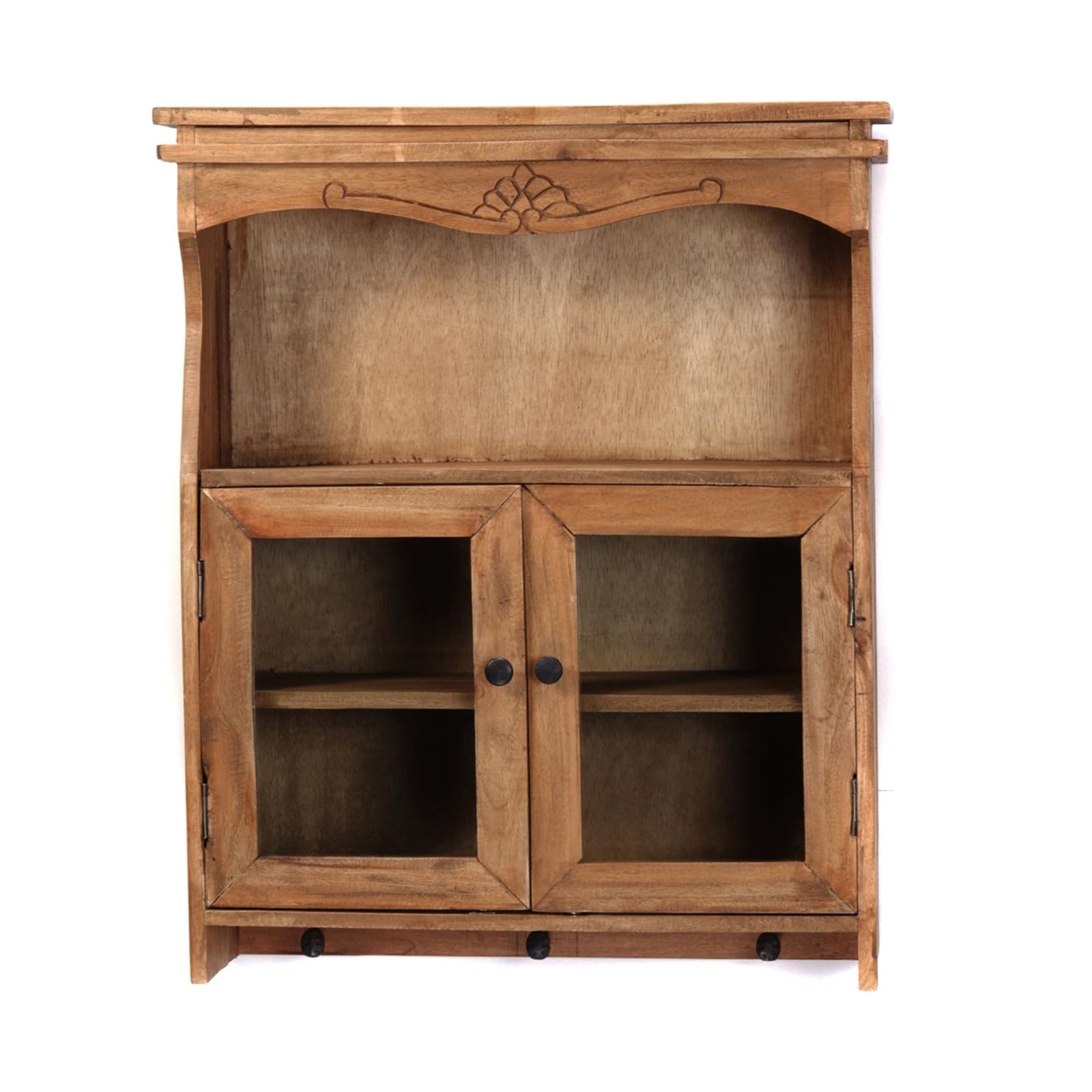 DESIGN DELIGHTS Naturalna szafka ścienna Ribera | drewno mahoniowe, szklane drzwi, 73 cm, z rzeźbami | szafka wisząca, regał kuchenny z haczykami, szafka drewniana, regał ścienny z grawerunkiem