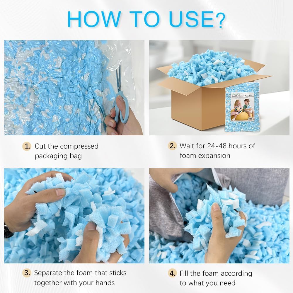 Hem Dgpsy Shredded Memory Foam Filling - Premium Soft Bean Bag Filler, 5lbs Blue & White Pillow Stuffing for Couch Cushion, Dog Bed, Chair - High Density, No Chemical Smell, Easy to Use - Image 7